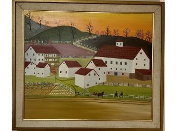 Colorful Countryside Upstate Connecticut Oil Painting In Gold Tone Wood Frame