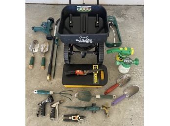 Gardening Lot Including Scott's Spreader, Trowels, Hand Rakes, Hose Attachments, And More