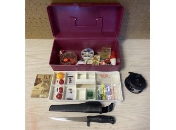 Small Plastic Tackle Box With Normark Sweden Fillet Knife, Finalist Reel, Flies, Bobbers, And More