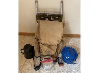Outdoor Lot Including Tin Cooking Set, Boy Scouts Of America Bag, Enamel Ware, Headlamps, And More
