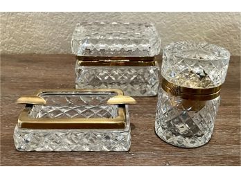 Made In Germany US Zone Crystal Cigarette Set Includes -  Box - Lighter - Ashtray With Brass Trim (as Is)