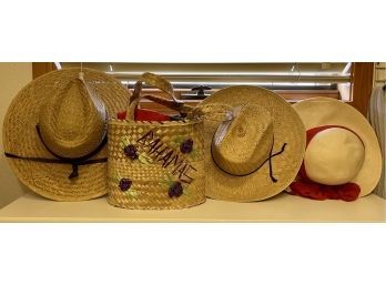 Collection Of Men's And Women's Straw Hats Including Colombia And A Vintage Straw Bahama Bag