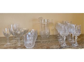 Collection Of Crystal DArques Diamond Pattern Low Ball Glasses, Pitcher, Compotes, And More