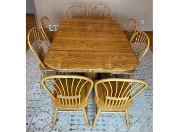 Solid Oak Double Pedestal Table With 8  Spindle Back Chairs