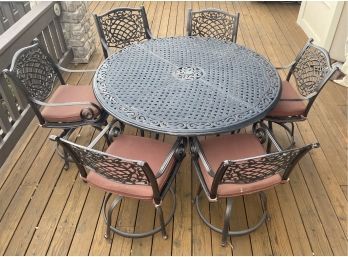Black Wrought Iron 5ft Round Table With 6 Matching Chairs & Cushions - Includes Umbrella, Base, And Cover