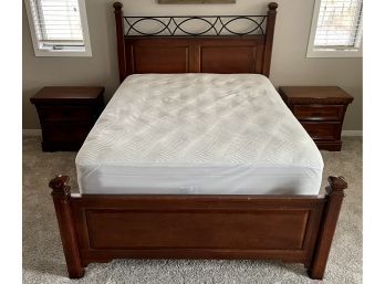 Queen Size Bed Set (2) Dark Pine Night Stands, Metal And Wood Bed Frame, And Serta Mattress No. 241036-350