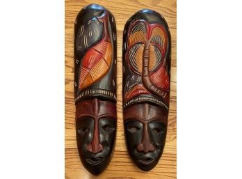 (2) Hand-carved Hand-painted Wood Tribal Mask Wall Art