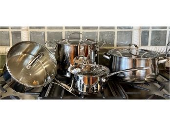 (3) Cuisinart Stainless Steal Pots With Lids And (1) Unmarked Pot With Lid