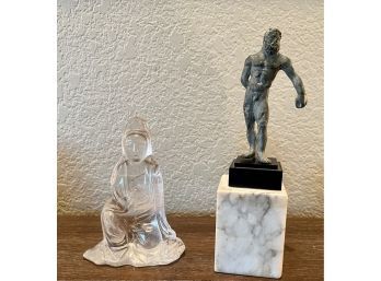 Vintage Glass Buddha Figurine & Marble Base Small Bronze Male Figurine On Stand