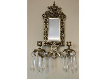 Antique Ornate Brass Mirrored Wall Candle Sconce With Crystal Prisms