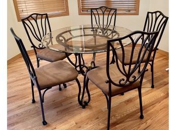 Beveled Glass And Black Metal Round Table With 5 Chairs