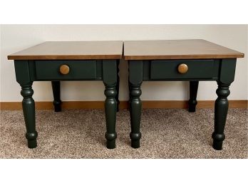 (2) Vintage Night Single Drawer Night Stands Green Bases With Wood Tops