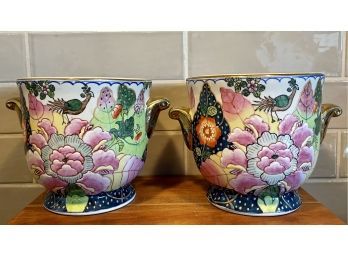 (2) Small Ceramic Colorful Asian Urns With Gold Handles