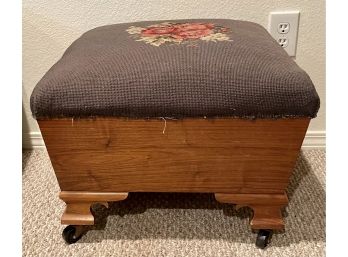 Antique Wood Bench On Castors With Needle Point Floral Top