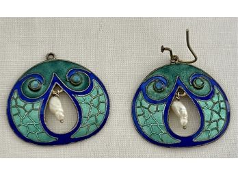 Pair Of Sterling Silver And Natural Pearl Enamel Earrings Marked 925