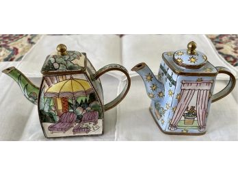 (2) Vintage Made In China Enamel Painted Miniature Teapots