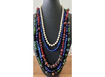 Collection Of Lamp Work Art Glass Bead And Faux Pearl Necklaces