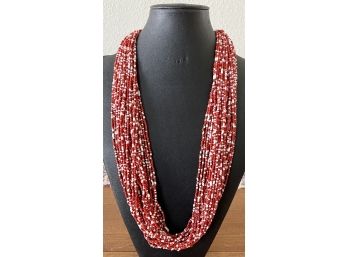 Vintage Red And White Seed Bead Multistrand Necklace