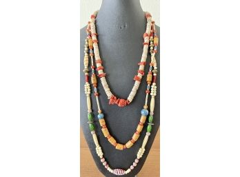 Collection Of Vintage Coral Bead, Heishi Shell, Bone, And Glass Bead Necklaces