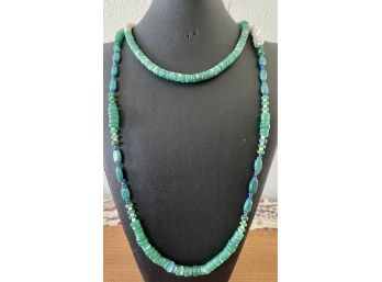 2 Handmade Green Jade Color Heishi & Long Glass Bead Necklaces