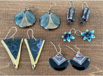 Boho Collection Of Sterling Silver, Stamped Ceramic, Bead, And Enamel Earrings