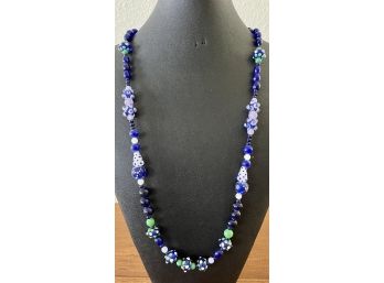 Vintage Lamp Work Glass Bead Necklace Blue