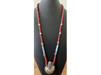 Vintage Silver Tone Perfume Bottle Necklace With Coral And Turquois