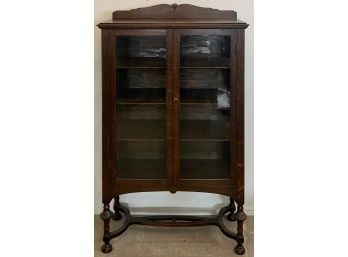 Antique Dark Wood Oak Jacobean Style Glass Front Cabinet (without Key) 37'w X 16'd X 61.5H