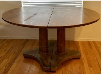 Oval Solid Oak Table With Double Pedestal Base And Brass Trim (as Is)