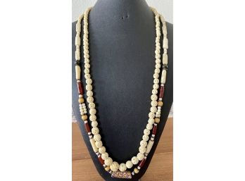 (2) Carved Faux Bone Necklaces (1) With Colorful Glass Beads