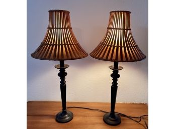 (2) Bronze Metal Base Lamps With Rattan Shades