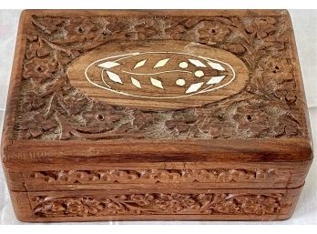 Vintage India Hand Carved Wood Jewelry Box With Mother Of Pearl Flower Inlay In Top (2 Of 2)