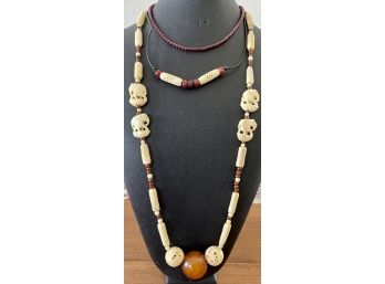 Hand Carved Elephant And Round Bead Necklace With Large Round Amber Bead And Garnet Bead Choker