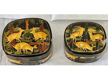 (2) Vintage Hand Painted Woodland Creatures Lacquered Trinket Boxes