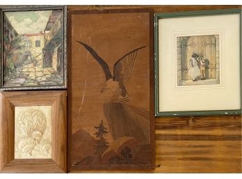 Collection Of Artwork - Malissa Jewell Oil Painting, Needle Point, Inlay Wood Bird, And A Print