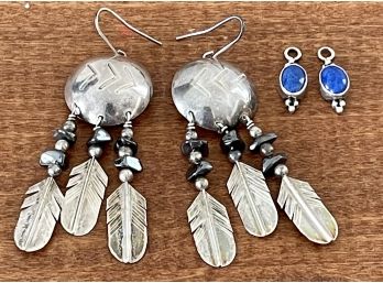 (2) Pairs Of Sterling Silver Earrings (1) LHTC 87' 88' Feather And Hematite (1) Blue Lapis