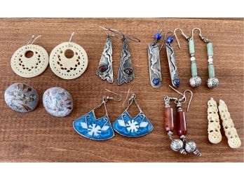 Bohemian Collection Of Sterling, Enamel, Bone, Garnet, Blue Lapis, And Jade Earrings