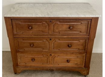Marble Top 3-drawer Walnut Wood Handled Cabinet On Casters