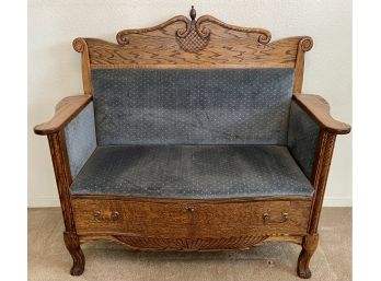 Antique Solid Oak Footed Bench With Storage Drawer And Blue Velvet Seat