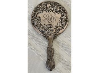 K & S Co. Ldt. Sterling Silver Repousse Hand Mirror With Dragon And Sword