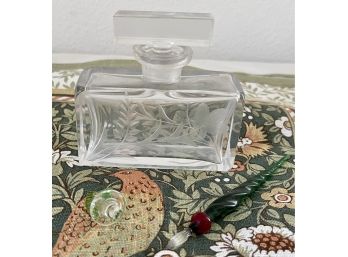 Antique Etched Square Art Deco Perfume Bottle With Stopper And Art Glass Calligraphy Pen And Stopper