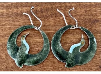Vintage Pair Of Sterling Silver And Enamel Bird Wire Earrings