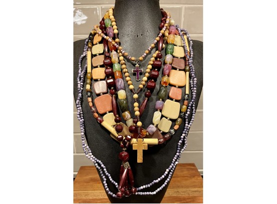 Vintage Collection Of Wood, Plastic And Stone Bead Necklaces, Enamel Cross, Squares, Round Beads And More