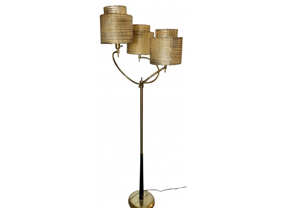 Mid Century Modern Brass And Wood Base Three Fiberglass Shade Lamp