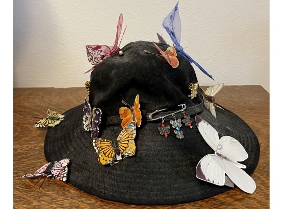 Black Cotton Rimmed Nine West Hat With Assorted Butterfly Pins