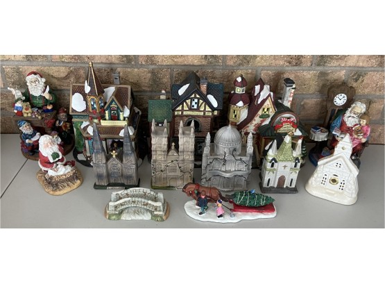 Collection Of Resin And Ceramic Christmas Figurines, Houses, Cathedrals, And More