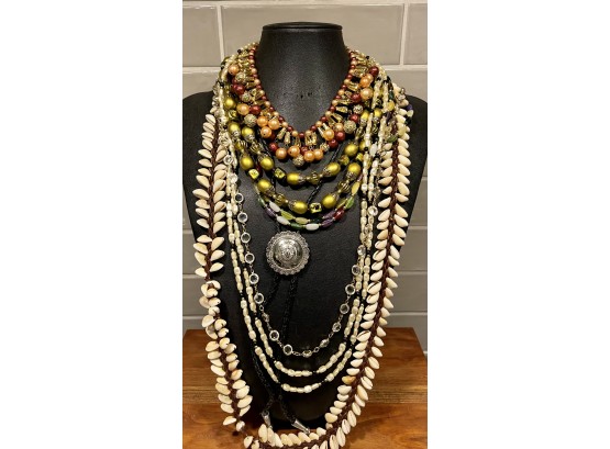 Vintage Collection Of Plastic, Glass And Shell Necklaces, Park Lane Black Leather Bolo, Shell Necklace & More