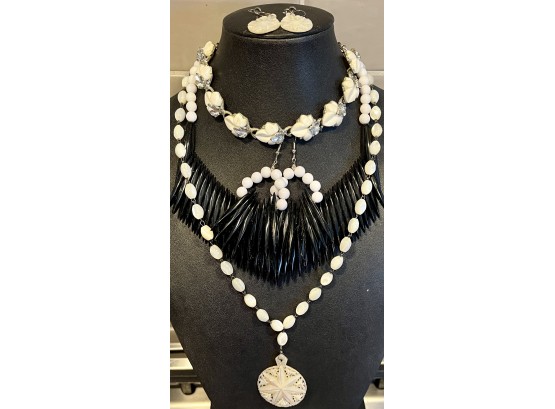Vintage Mother Of Pearl Carved Necklace & Earrings Made In Isreael - Black & White Runway Plastic Necklace