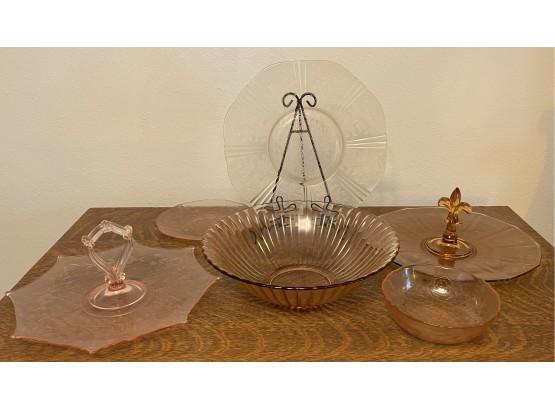 Collection Of Vintage Pink Depression Glass Fostoria, Fleur De Lis, Floral Pink Etched Tray, Bowl, And Plates