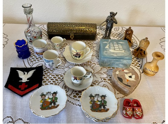 Eclectic Collection Of Miniature Cups, Plates, Stone Inlay Box, Wood Carvings, Pewter, And More